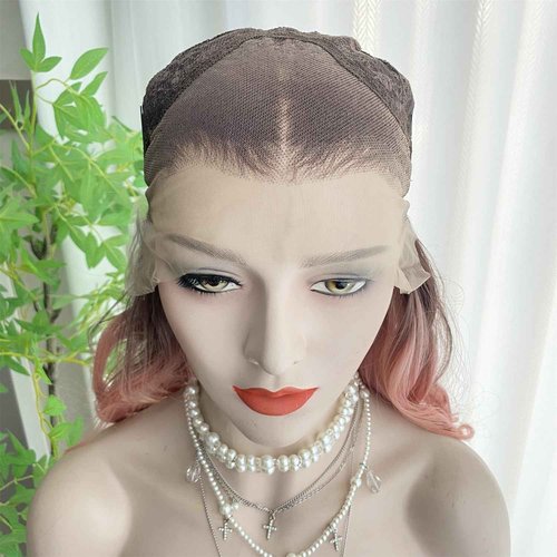 VASTCURY Rose Pink Wigs Highlight Orange Ombre Color 13x4 Synthetic Fiber Lace Front Wig Body Wave 18Inch Pre Plucked Hairline for Women