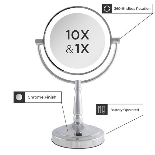 Zadro 9" Round LED Makeup Mirror with Lights and Magnification 5&10X/1X AA Battery Operated Swivel Lighted Makeup Mirror