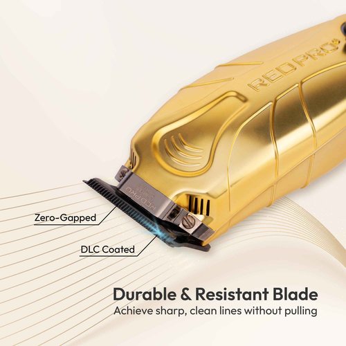 RED Pro Professional Cordless Hair Finishing Trimmer for Men, Electric Rechargeable Wireless Beard Detailer for Barbers and Stylists, Diamond Like Carbon Coated T-Blade with Zero Gapped (Matte Gold)
