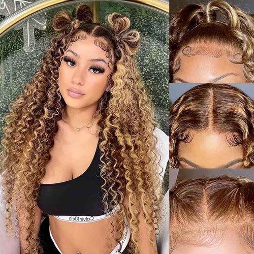 Ladoux Ombre Lace Front Wig Human Hair 13x4 HD Transparent Deep Wave for Women 180% Density 4/27 Honey Blonde Colored Highlight Curly Glueless Wigs 20Inch Pre Plucked with Baby Hair
