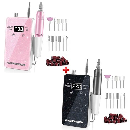 Professional Electric Nail Drill File: COSYGLOW Glitter Portable E-File Nail Drill Kit with11 Drill Bits Pink&Black