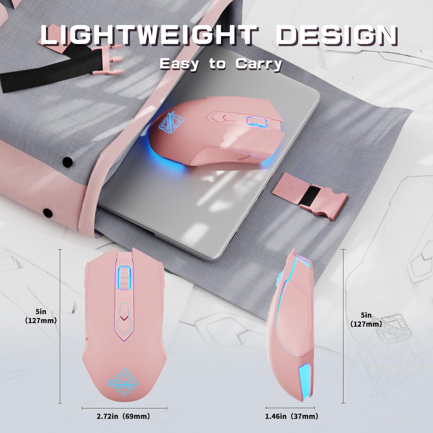 AJ52PRO Wired Wireless Bluetooth Gaming Mouse with RGB LED Backlight Adjustable 10000DPI Ergonomic 7 Programmable Button Rechargeable 800mAh Battery 2.4Ghz USB Receiver for PC Mac PS4 Xbox Gamer(Pink)