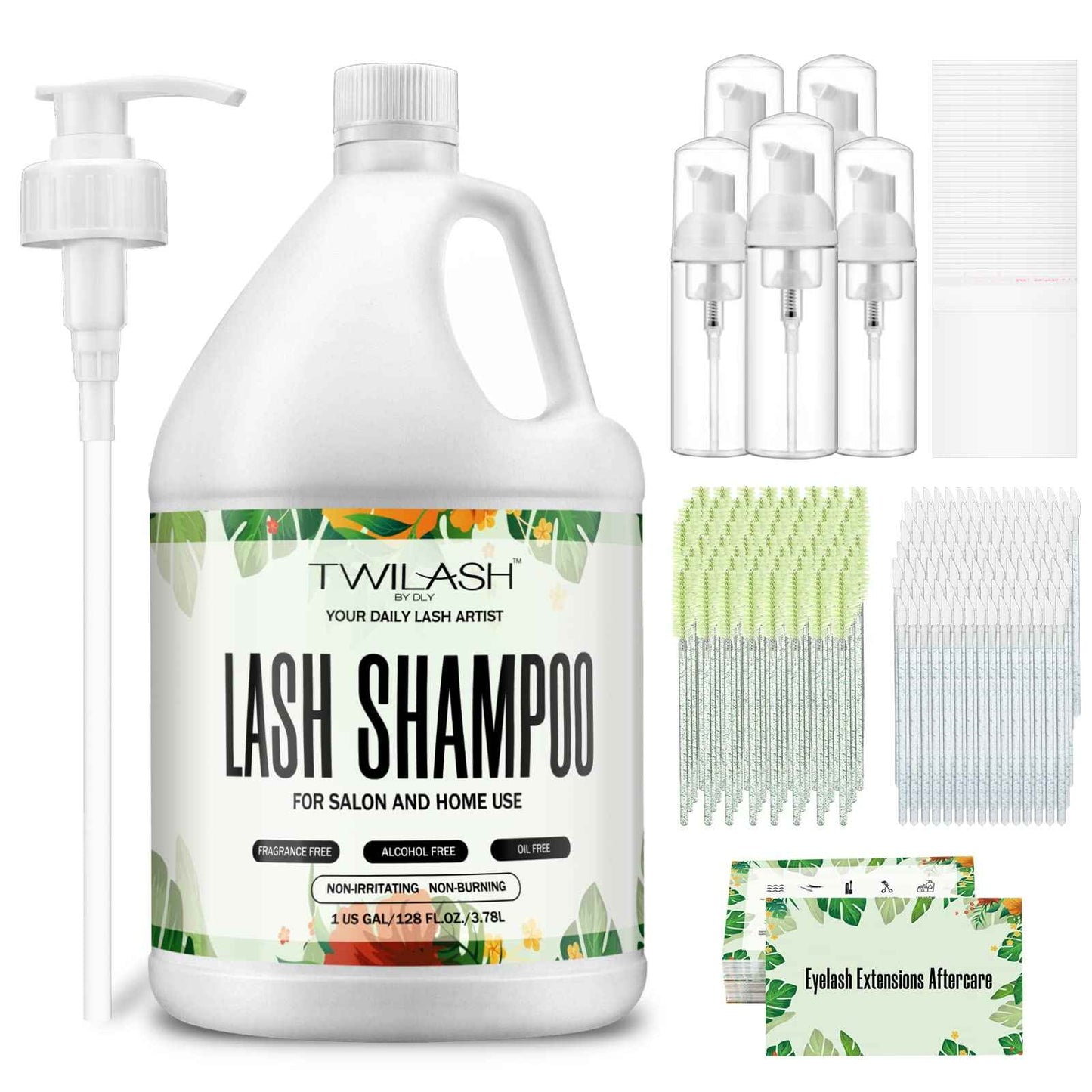 Lash Shampoo Bulk, Eyelash Cleanser for Extensions 1 Gallon / 3.8L - Includes 50 Aftercare Kits, 5 Foam Pump Bottles, Dispenser Pump - Eyelid Foaming Cleanser for Professional Salon and Home Use
