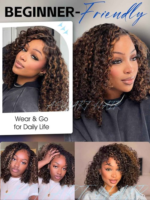 Ashart Highlight Brown Ombre Kinky Curly Half Wig Human Hair 2/30 Color 18 Inch 3 in 1 Seamless Flip Over Half Wigs for Black Women Glueless Wear and Go Elastic Drawstring 180% Density Human Hair Wig