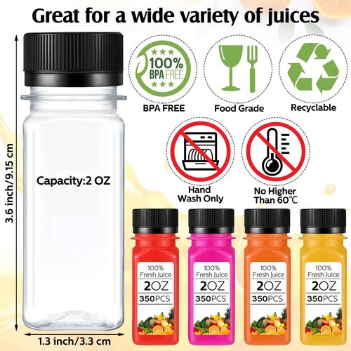 Sliner 350 Pcs 2oz Clear Plastic Bottles Mini Juice Bottle with Screw Lid Small Empty Reusable Liquid Vial Freezer Beverage Container Leak Proof for Juice Milk Water