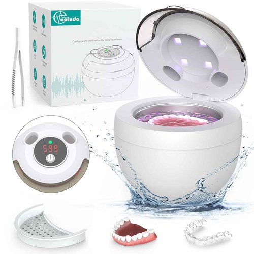 Aotuda 45kHz Ultrasonic Retainer Cleaner Machine, 200ML Denture Cleaner, 4 Modes with Digital Timer Mouth Guard Cleaner for Aligner, Night guard, Braces, Toothbrush, Jewelry and More (White)