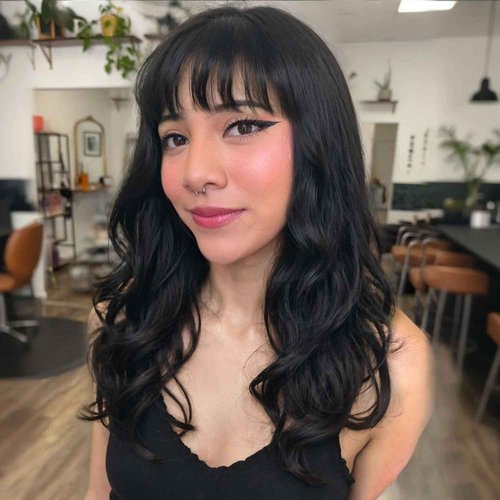 Fancy Hair Wavy Brazilian Virgin Human Hair Wigs with Bangs for Black Women Lace Middle Part Glueless Body Wave Wig With Bangs for Women Natural Black 18 inches