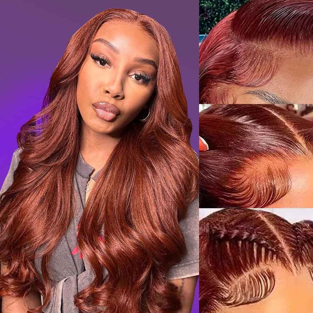 24 inch Reddish Brown Lace Front Wigs Human Hair 13x4 Body Wave HD Lace Frontal Wigs for Women 180 Density Auburn Colored Copper Red Pre Plucked with Baby Hair