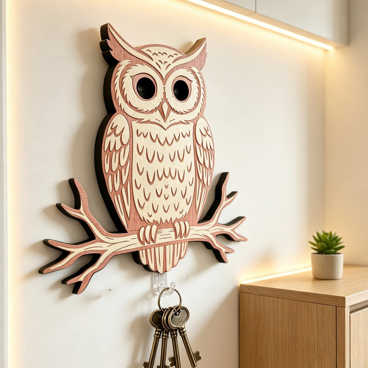 Wooden Owl Key Holder Wall Decor - Multi-Purpose Home Storage