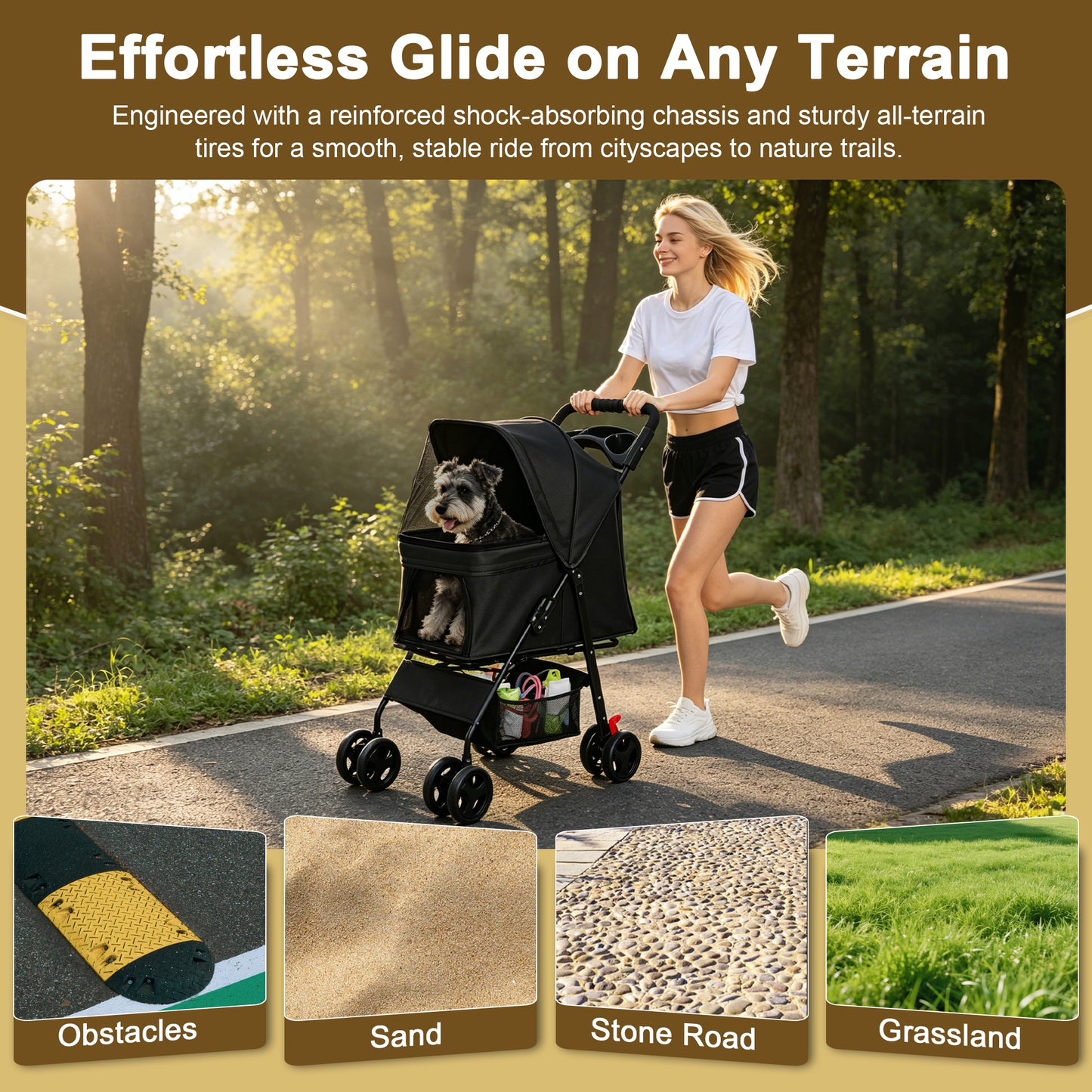 Foldable Pet Stroller for Small Dogs and Cats - Black, 28 lbs Capacity with Safety Leashes & Mesh