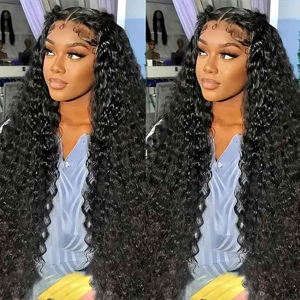 KRKRYQ 28 Inch 13x6 HD Transparent Lace Frontal Wigs Human Hair 200% Density Deep Wave Lace Front Wigs Human Hair Curly Human Hair Wigs for Women Pre Plucked with Baby Hair Natural Color