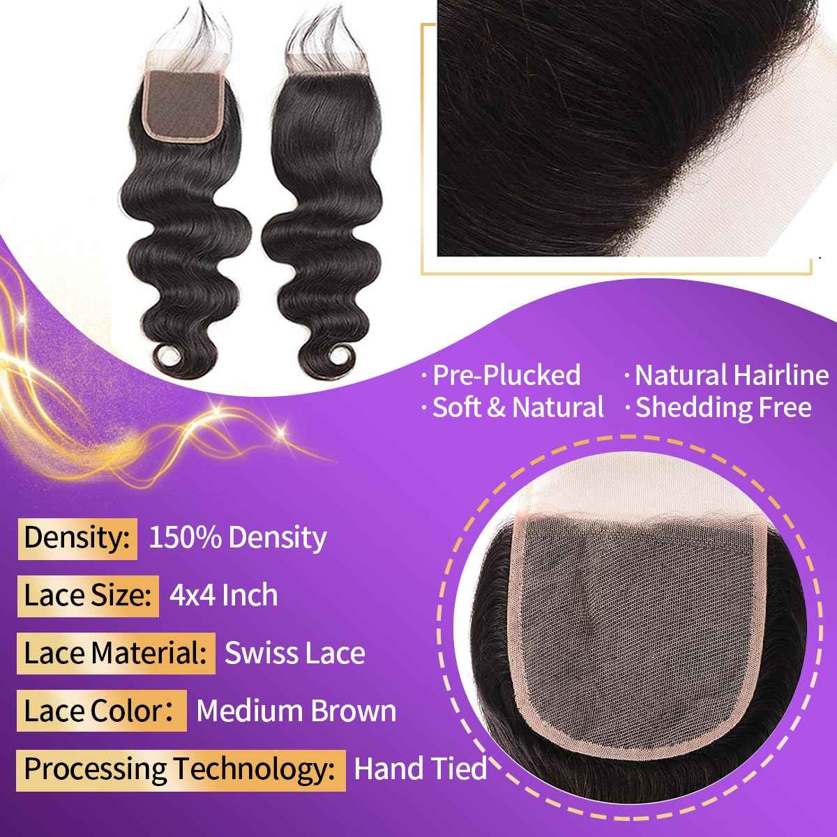 12A Human Hair Bundles with Closure 20 22 24+18 Inch Body Wave Bundles with 4x4 HD Lace Closure Human Hair 100% Brazilian Virgin Hair Extensions 3 Bundles Deals Hair Quick Weave Natural Black