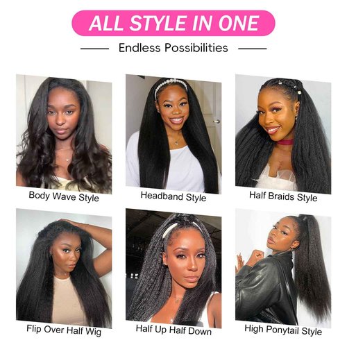 BLY Kinky Straight 3 in 1 Half Wig Human Hair for Women 180% Density Glueless Wear & Go No Lace Flip Over Half Wig Beginner Friendly Seamless Clip In Wigs 18 Inch