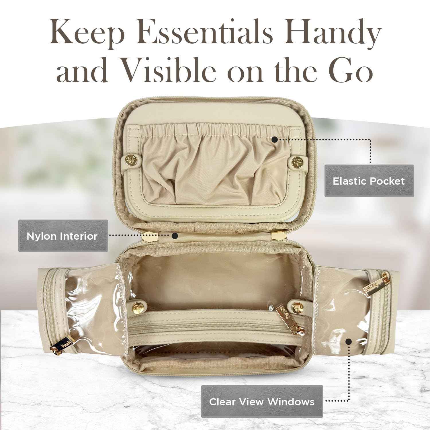 OFT 2024 LITTMINI Lighted Mirror Case - Small Makeup Bag with Detachable Mirror & Multiple Pouches for Organization - Vegan Leather, Mini Makeup Bag Ideal for Travel & Everyday Essentials (Latte)