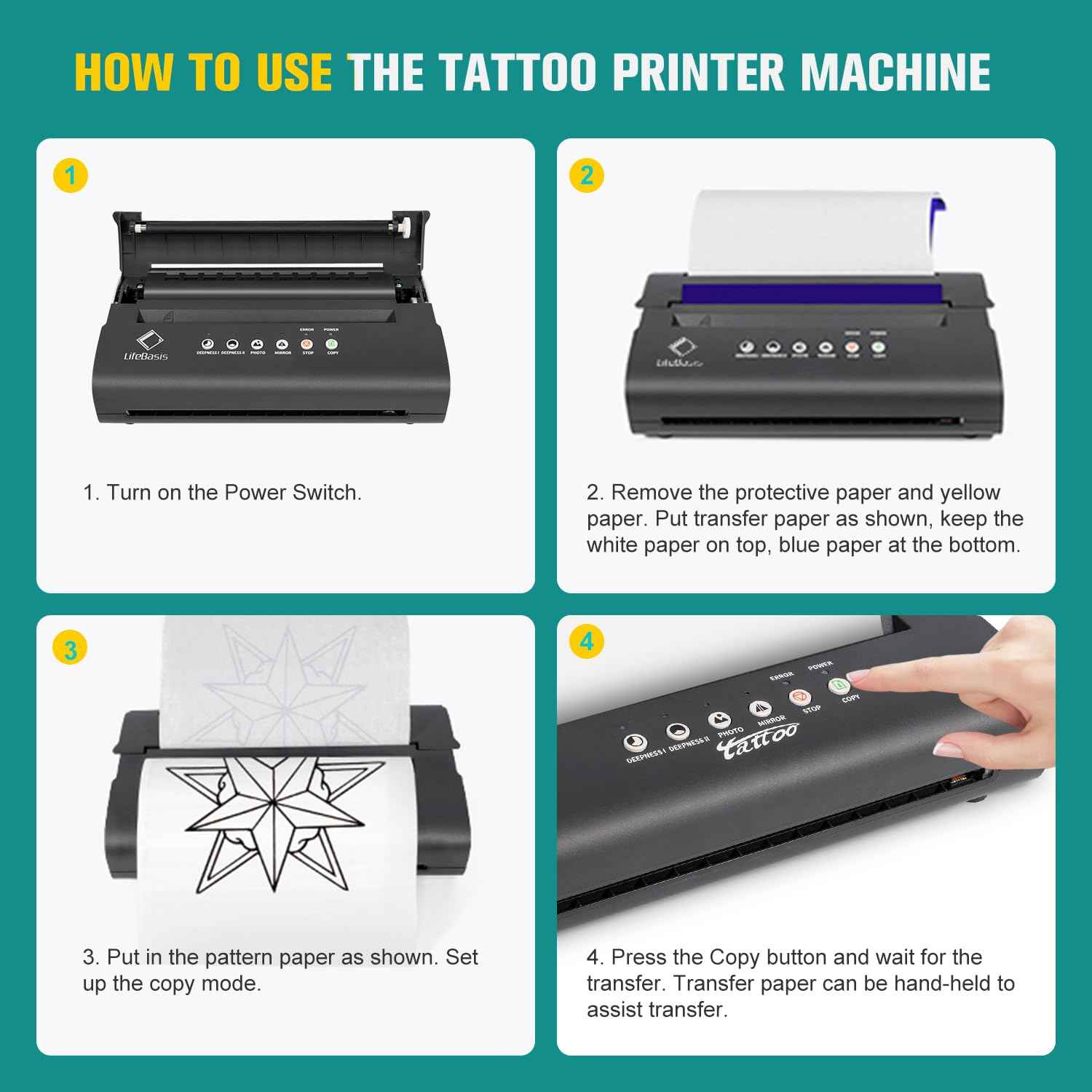 LifeBasis Tattoo Transfer Stencil Machine Thermal Copier Kit Tattoo Printer with 20pcs Tattoo Stencil Transfer Paper for Men Women, Upgraded Version MT200