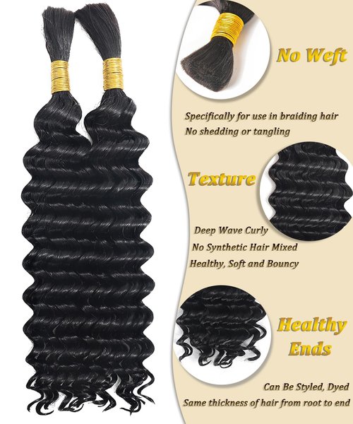Bulk Human Hair for Braiding - 12A Curly Human Hair Bundles for Black Women - 20 inch, Deep Wave, No Weft, Boho Braids - 100% Unprocessed Brazilian Virgin Human Hair Extensions - Beauty Youth