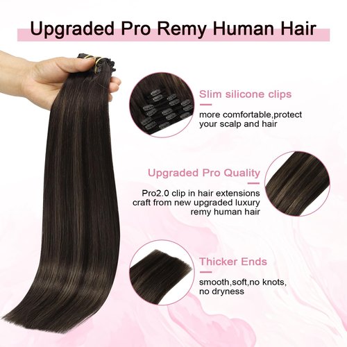 Sweetmet Pro2.0 Clip in Hair Extensions Real Human Hair 120g Thick 7pcs Color #2/6/2 Balayage Dark Brown to Chestnut Brown Remy Real Human Hair Extensions Clip ins 14inch Double Weft（#2/6/2-14inch）