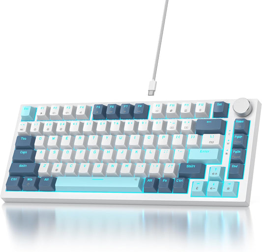 75% Wired Creamy Keyboard, Hot Swappable Mechanical Gaming Keyboard with Gasket Mounted, RGB Backlit, Red Switch, Knob Control for Win Pc Laptop(82 Blue)