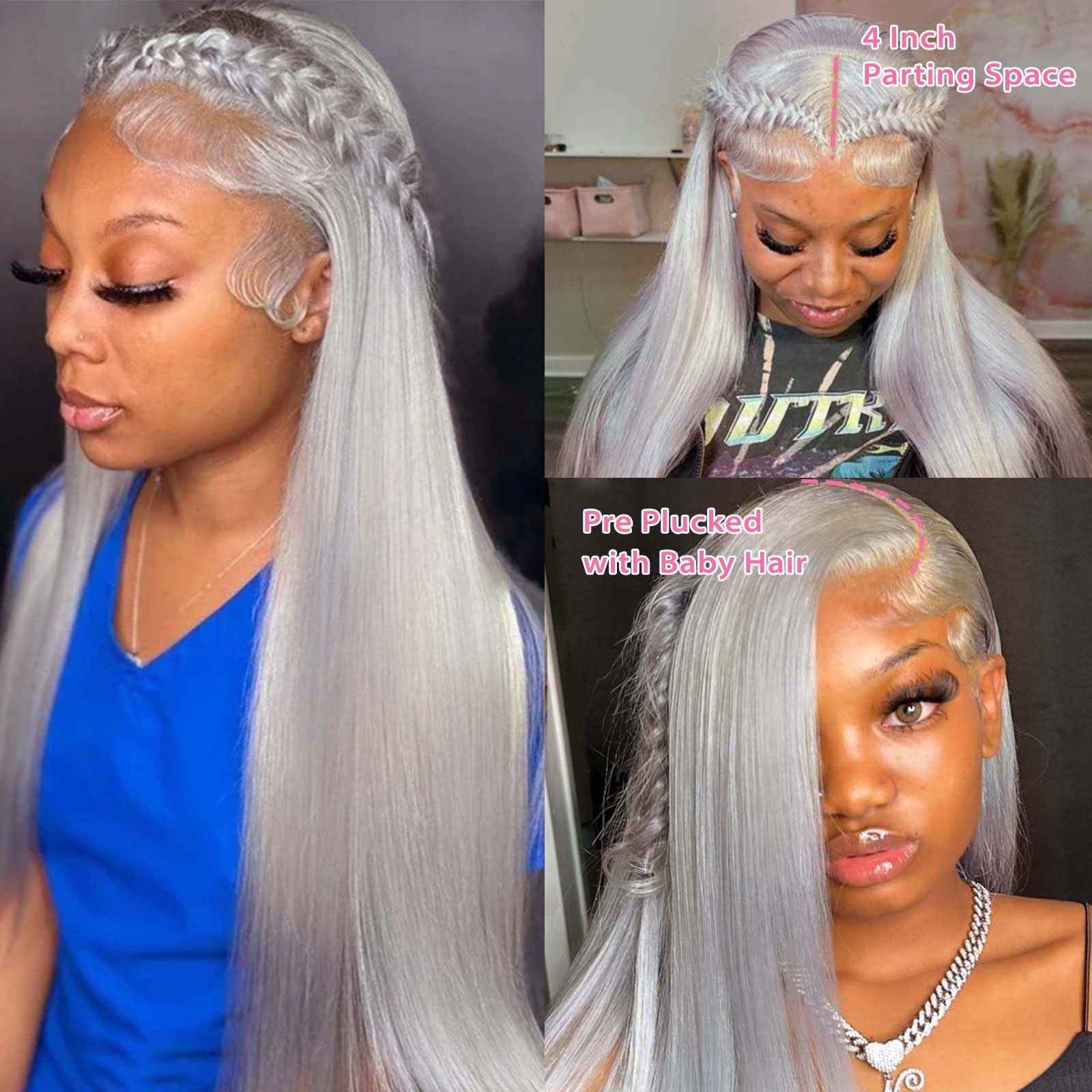 22 Inch Grey 13x4 Lace Front Wig Human Hair HD Transparent Silver Lace Front Human Hair Wigs for Black Women 180% Density Thick Silver Grey Wig Human Hair Free Part Glueless Frontal Wigs Pre Plucked