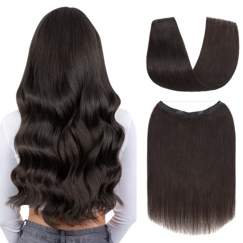 S-noilite Halo Hair Extensions Real Human Hair,Invisible Wire Hair Extensions with Adjustable Fish Line Halo Extensions for Women 16Inch 80G(Natural Black)