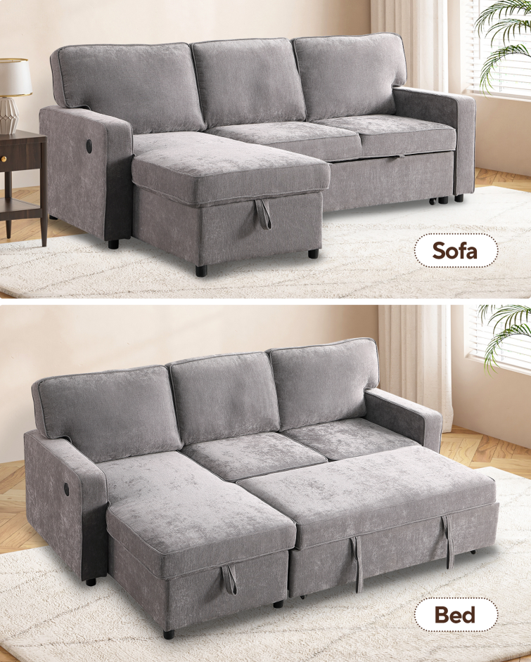 Sectional Sofa Bed with Storage, USB Port & Cup Holders - Gray