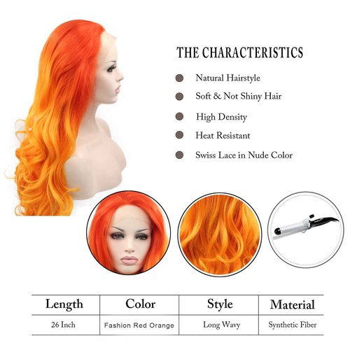 Orange Wigs for Women Handmade Lace Front Wig Red Orange Curly Hair Wig Long Wavy Side Part Yellow Ombre Natural Hairline Glueless Synthetic Heat Resistant Hair Cosplay Makeup Drag Queen Wig 24Inch