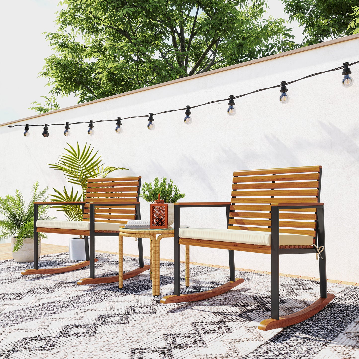Acacia Wood Outdoor Rocking Chair Set of 2 with Cushions - Cream White