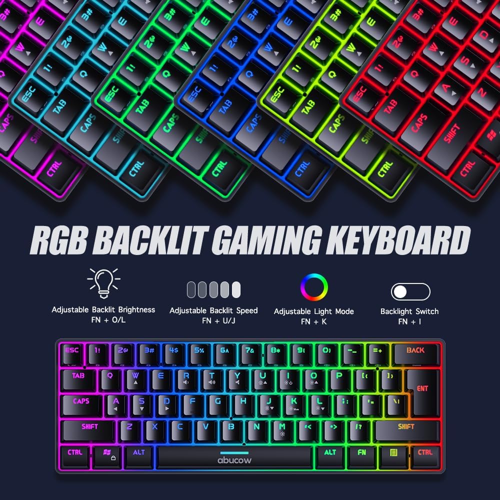 abucow Gaming Keyboard Minimalist Portable Wired Ultra-Compact Mini Imitation 61 Keys RGB Backlit Keyboard (Black-White)