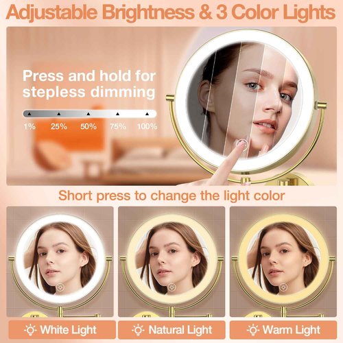 Benbilry 9" Large Wall Mounted Lighted Makeup Mirror, 1X/10X Magnifying 2-Sided AC Plug-in Powered Bathroom Mirror with 3 Color Lights, Touch Dimmable, Extended Arm 360° Rotation, Gold