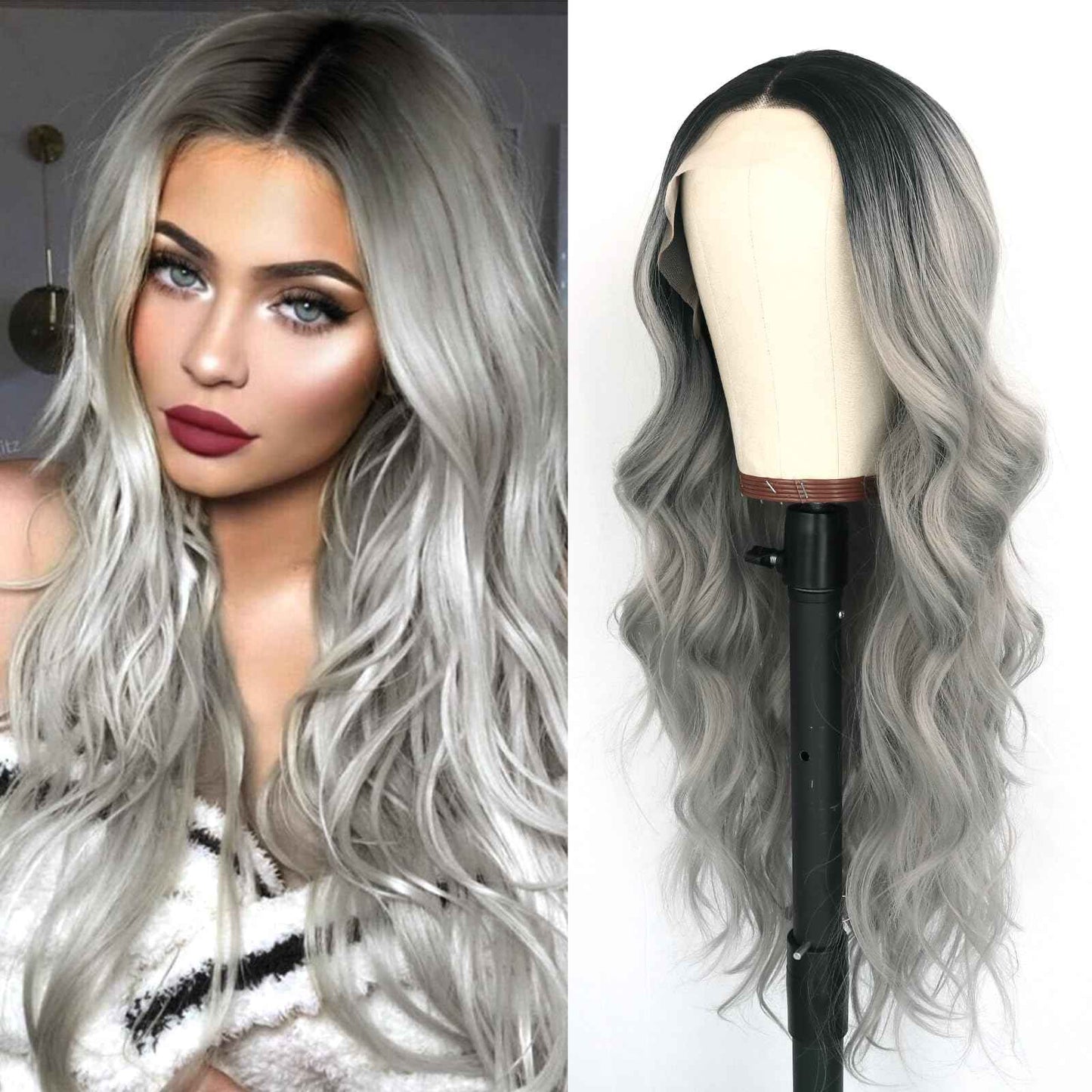 Oxeely Ombre Gray Synthetic Lace Front Wigs Long Wave Wigs Natural Looking Glueless Synthetic Lace Wigs Heat Resistant Fiber Hair Ombre Silver Gray Wigs for Women Daily Use