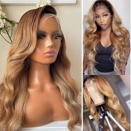 Ombr Lace Front Wigs Dark Roots to Strawberry Blonde Brazilian Natural Wavy Remy Human Hair Wigs Free Part Bleached Knots 13x4 Deep Part 2 Tones Colored Lace Wigs 22“ 150 Density for Black Women