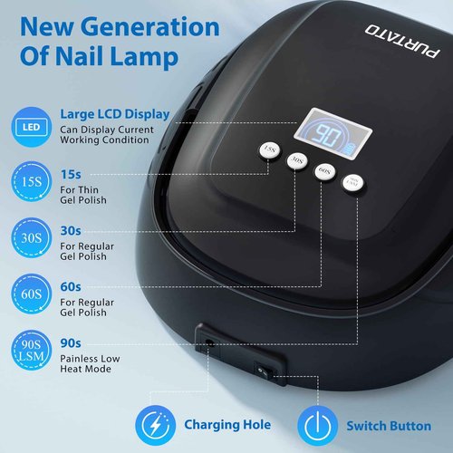 Purtato 126W Cordless Rechargeable UV LED Nail Lamp, Fast Curing Gel Nail Dryer with 4 Timers, Portable Professional Nail Light for Salon and Home (Matte Black)