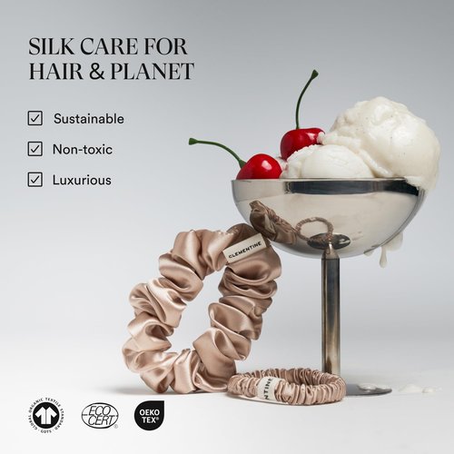 Clementine Sleepwear Organic Silk Scrunchie Set Ice Cream | 8 Skinny Scrunchies Made with GOTS Certified Silk for Frizz-Free Styling and Gentle Hair Care