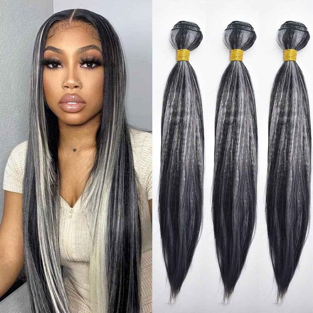 Habiliana Bundles Human Hair 24 26 28 Inch Straight P1B/GREY Human Hair Bundles 11A Unprocessed Brazilian Virgin Quick Weave Hair Extensions for Black Women