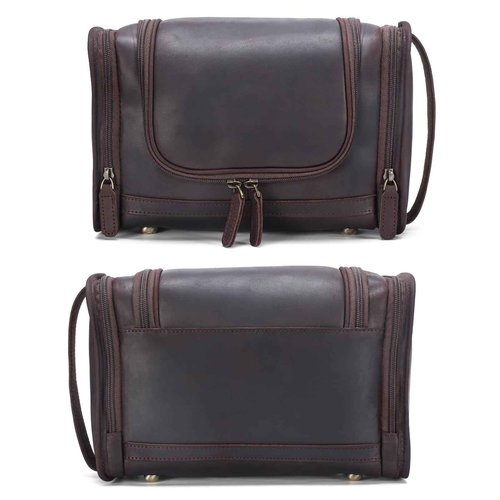 Polare Full Grain Leather Toiletry Bag Travel Dopp Kit Makeup Cosmetic Organizer Shaving Kit Wash Case with Hanging Hook