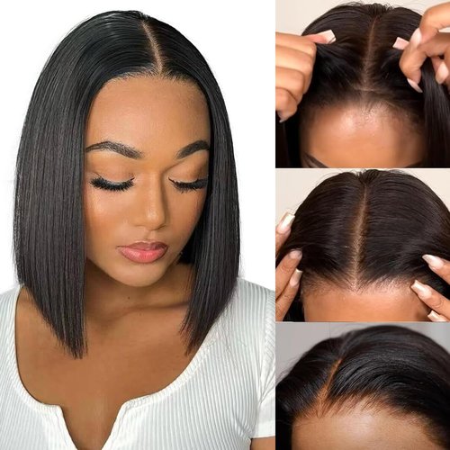 eool 9X6 Glueless Bob Wigs Human Hair Pre Plucked Pre Cut,Short Straight Bob Wigs for Black Women HD Transparent Glueless Lace Front Wigs Human Hair 200% Density 12 Inch