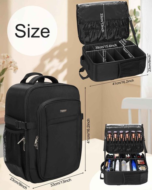Relavel Makeup Backpack, Professional Travel Train Case Makeup Artist Kit Set Bag for Women Extra Large Cosmetic Organizer, Brush Storage Holder, with Adjustable High Dividers, Black