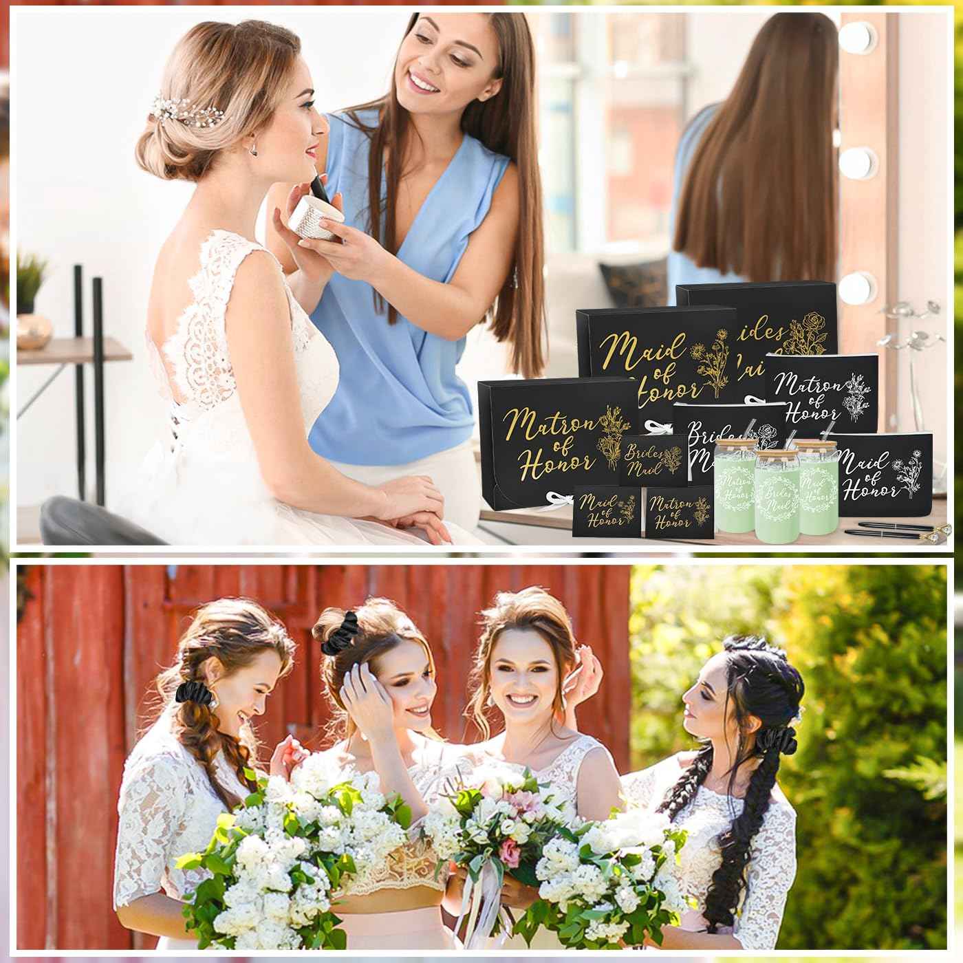 42Pack Bridesmaid Proposal Gifts,Maid of Honor Gifts Matron of Honor Gifts Including Bridesmaid Boxes,16oz Cups Makeup Bag Bracelets Diamond Pen Invitation Cards Scrunchies for Wedding (Black)