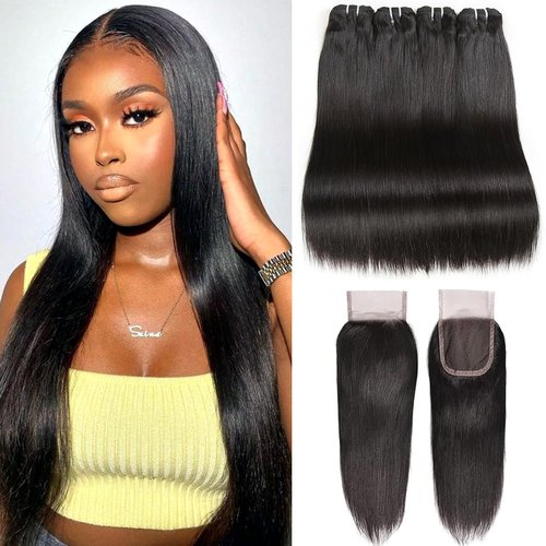 Liang Dian Straight Bundles with closure human hair 16 16 18 18 +16 Inch Human Hair Bundles with Closure HD Lace100% Unprocessed 12A Brazilian Virgin Quick Weave Hair Natural Color