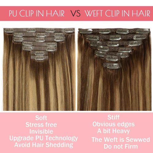 Loxxy Remy Human Hair Seamless Hair Extensions Clip in Balayage Chocolate Brown Mixed With Caramel Blonde Invisible PU Weft Real Clip in Hair Extension Thick Human Hair 110gram 7pcs 16inch R4-4/27