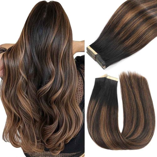 Balayage Natural Black to Chestnut Brown 40pcs 18 Inch Invisible Tape in Hair Extensions Human Hair, Straight Seamless Tape in Hair Extensions for Women(1B/1B/6#, 18 Inch, 40pcs)