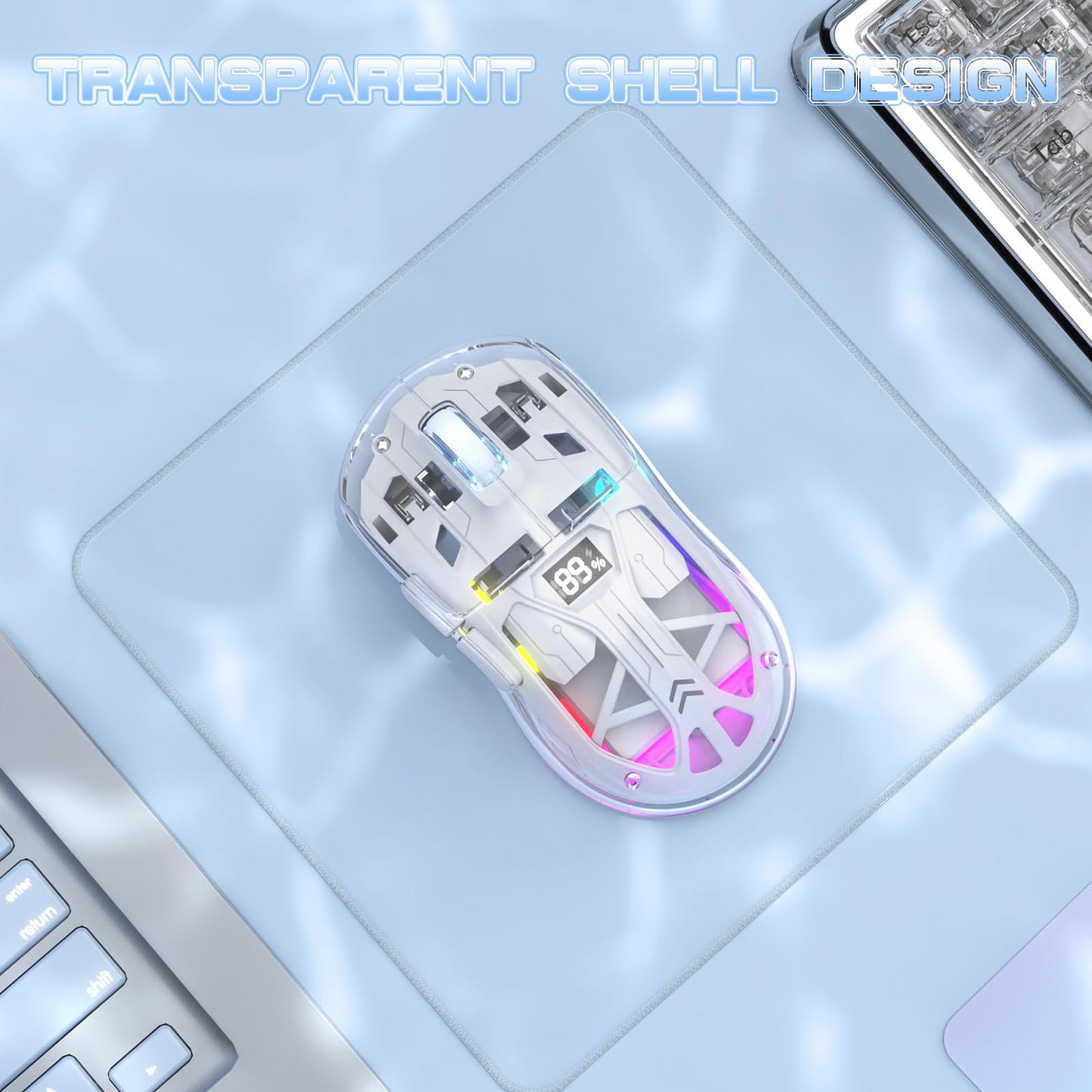 ZIYOU LANG A2 Transparent Wireless Gaming Mouse with Battery Level Display,Bluetooth/2.4G Wireless PC Mice,3D RGB Backlit,5 Million Clicks,PixArt 3212,up to 4000 DPI for Win/MAC (White)