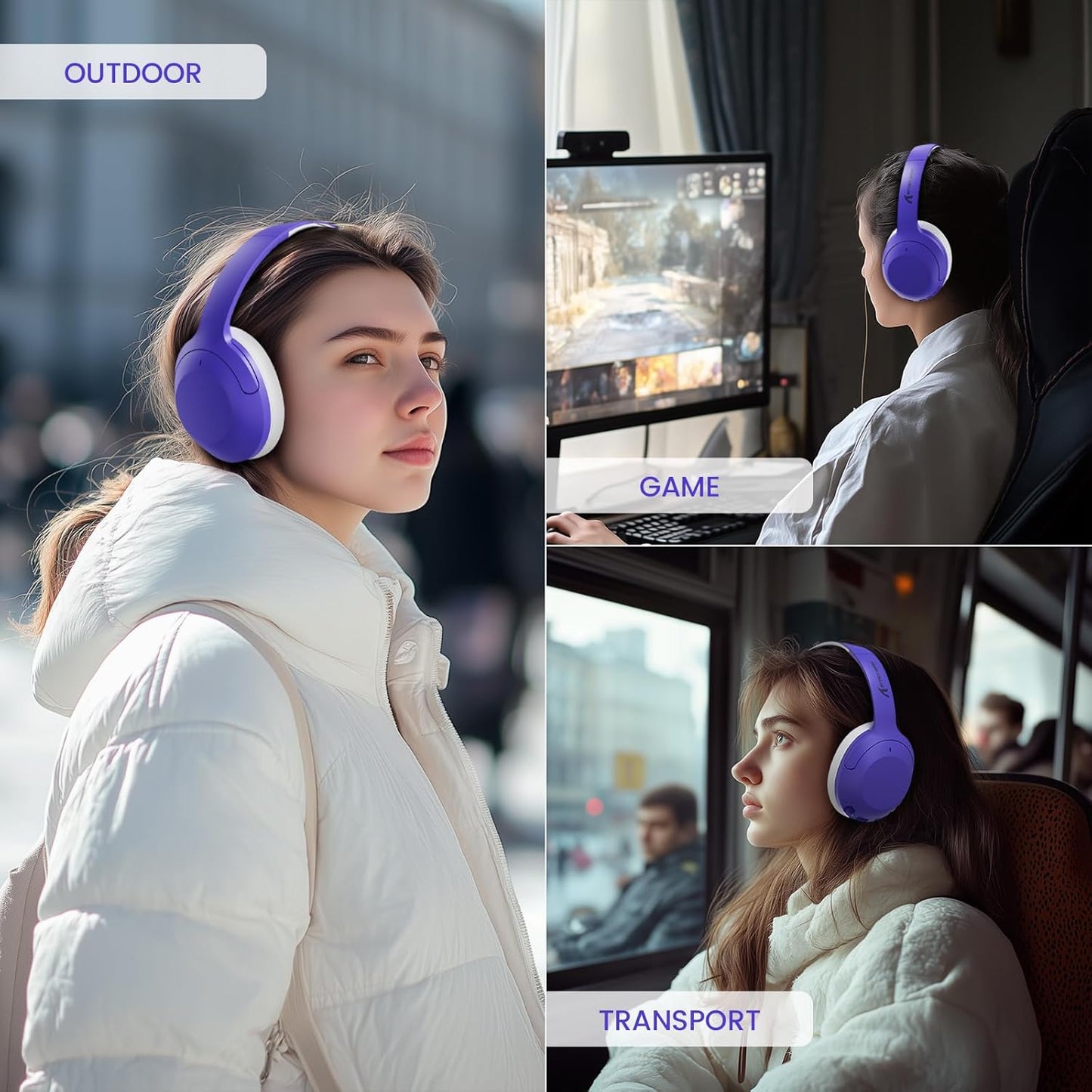 ATTACK SHARK G300 Active Noise Cancelling Wireless Headphones, Ultra Light Foldable Over-Ear Wired/Bluetooth Headset, 20H Playtime, Built-in Mic Hands Free Talking for Travel, Office, Home - Purple