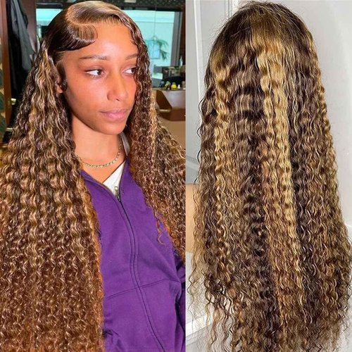 LAINSS Highlight 13x6 Deep Wave Lace Front Wigs Human Hair 4/27 Ombre Curly HD Transparent Lace Frontal Wig Pre Plucked Glueless Wig human hair 210% Density Wet and Wavy Curly Wigs 18 Inch