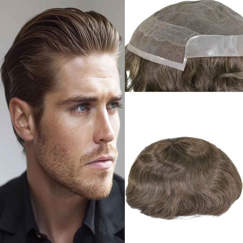 Voloria Men's Hairpiece European Human Hair Toupee 9x7inch Swiss Lace Skin PU Back Hair Replacement Wig 4# Medium Brown Color