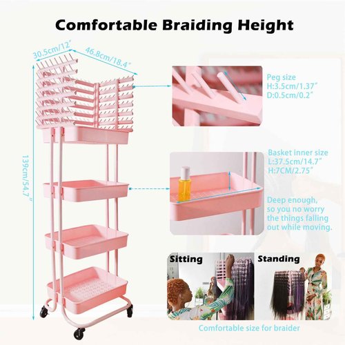 ICCTUO Braiding Hair Rack with 196 Pegs, Hair Extension Holder with 4 Tiers Storage Cart, Elegent Pink Braiding Rack Stand for Hair Braider, Sturdy Hair Rack for Salon, Home, Beauty School