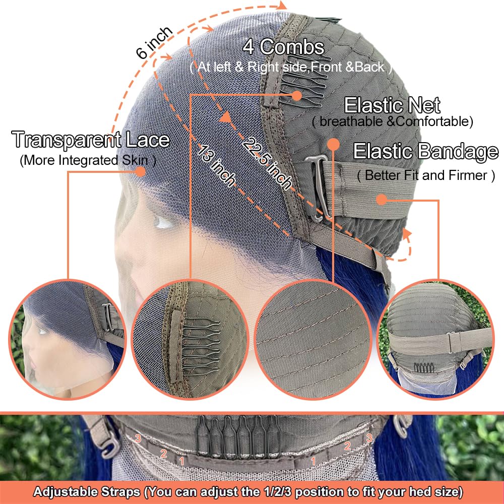 13x6 Blue Lace Front Wig Human Hair Straight Hd Transparent Navy Blue Lace Front Wigs Human Hair Wear and Go Glueless Wig Human Hair Pre Plucked 24 Inch Colored hd Lace Frontal Wigs for Black Women