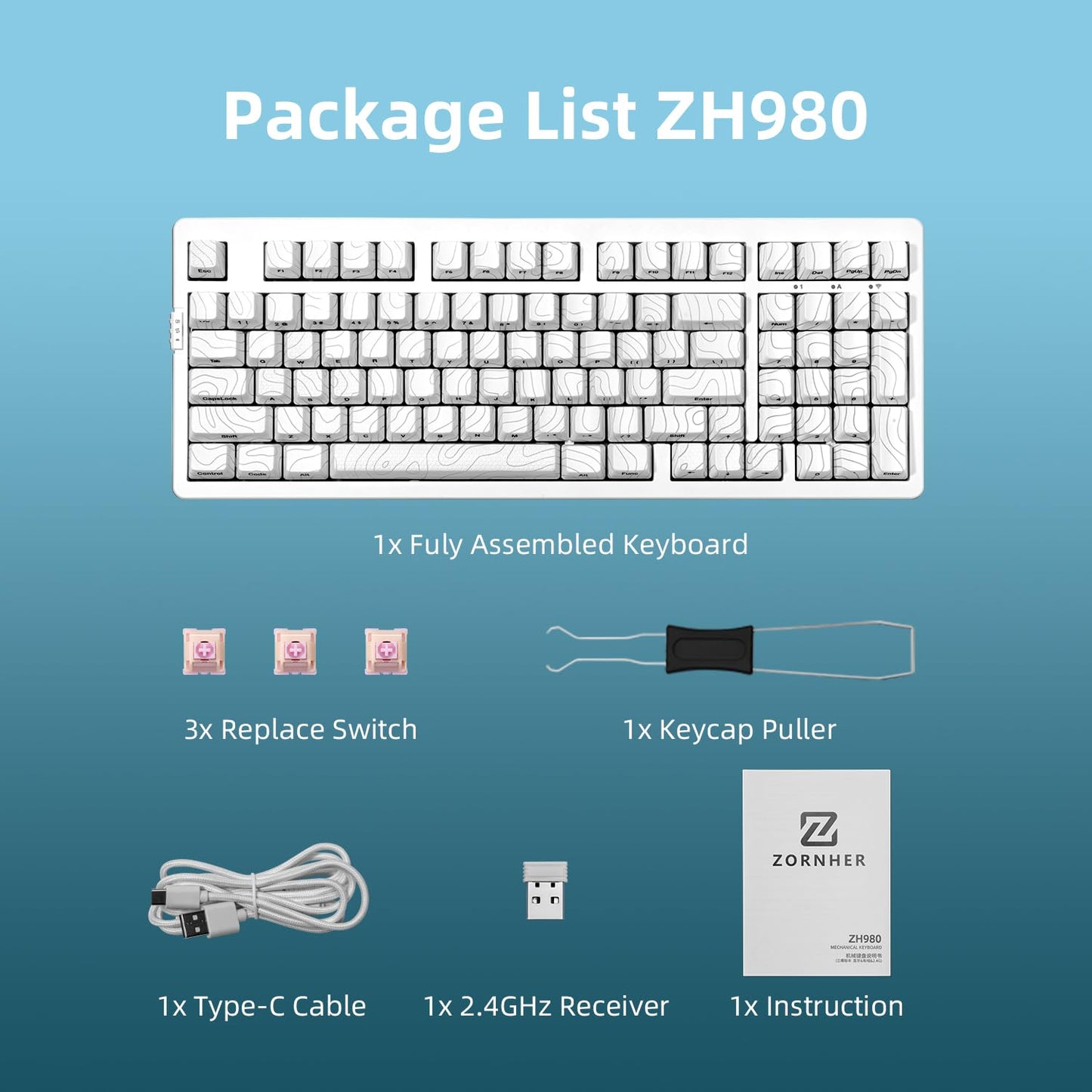 ZORNHER ZH980 Wireless Mechanical Gaming Keyboard,95% White Hot-Swappable Custom Creamy Keyboard with Number Pad,Shine Though IMD PC Keycaps,Pre-lubed Linear Switches,RGB Backlit