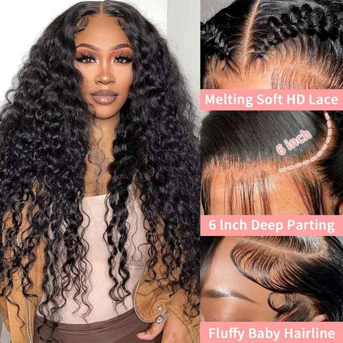 Dokihis 13x6 Deep Wave Lace Front Wigs Human Hair 26 Inch 200 Density HD Lace Frontal Glueless Wigs Human Hair Pre Plucked Deep Curly Wig with Baby Hair Natural Black