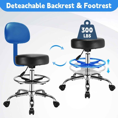 Rolling Stool with Back Adjustable- Ergonomic Back Support, Soft Leather Seat Cushion, Height Adjustability, Rolling Stools Chair with Wheels and Footrest Ring, Massage Office Tatto Salon (Black)